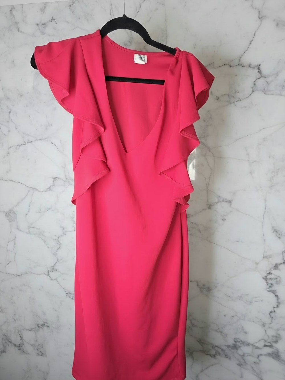 Vintage VAMP Hot Pink Ruffle Deep V Neck Bodycon Dress Size L